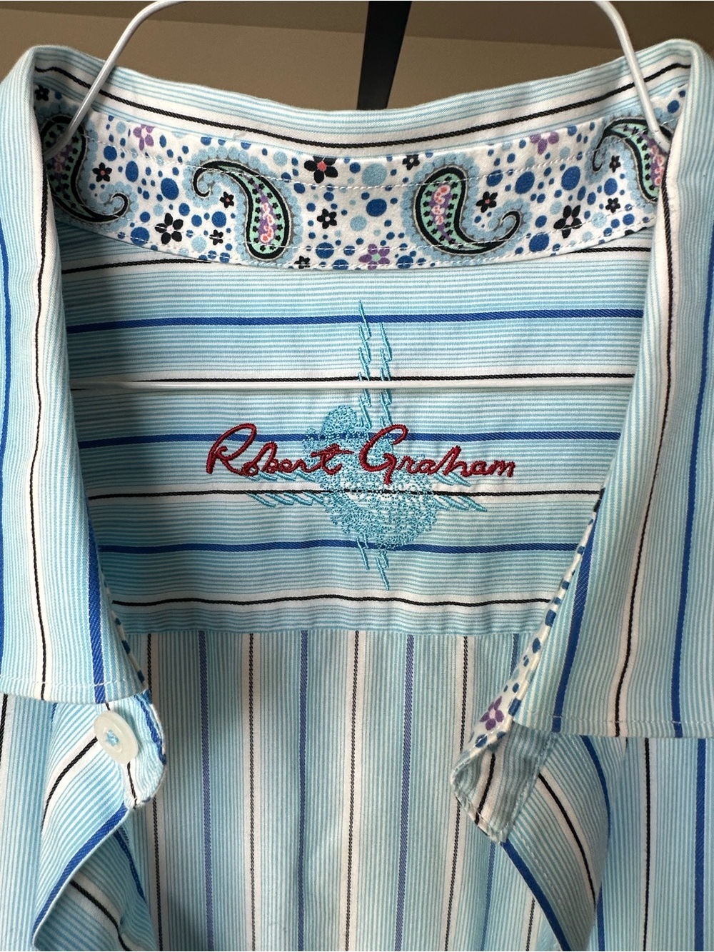 Robert Graham Light Blue & White Striped Dress Shirt with Paisley Trim - 3XL